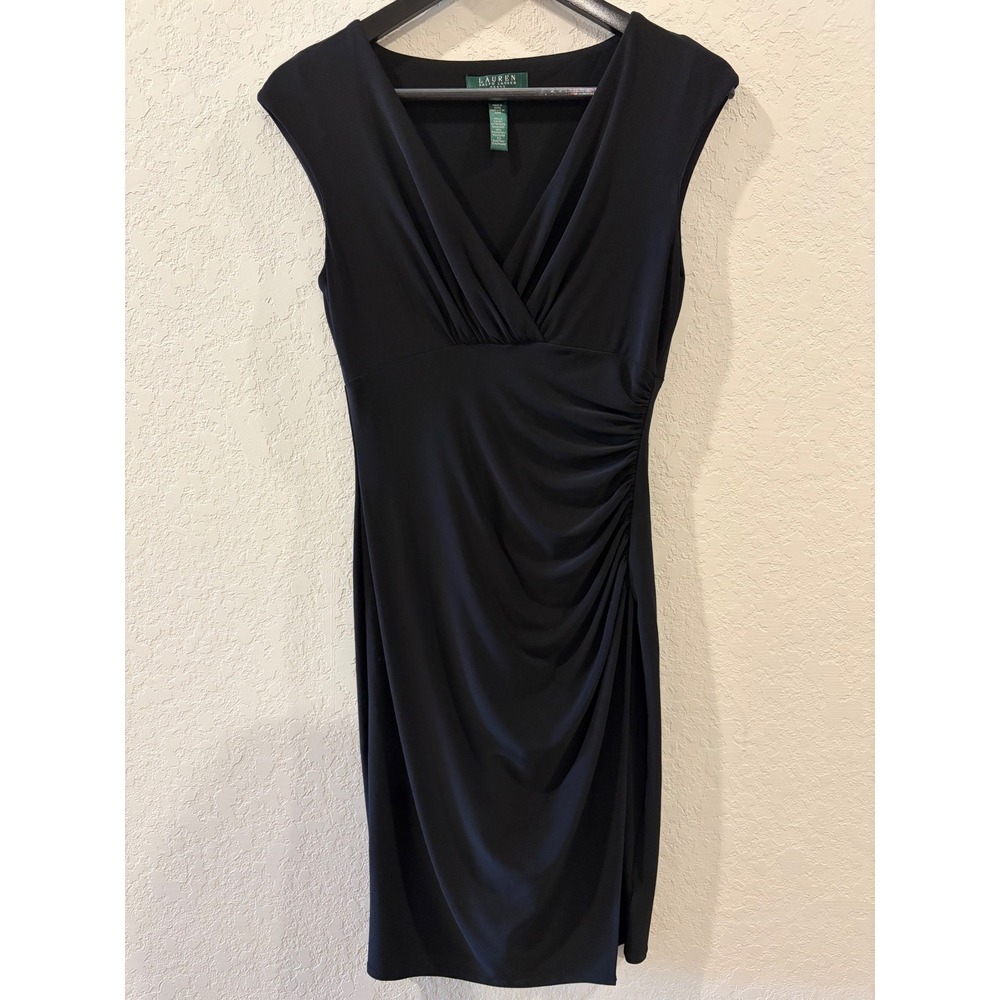 Lauren Ralph Lauren Black Ruched V-Neck Sheath Dress Size 6 Sleeveless Cocktail